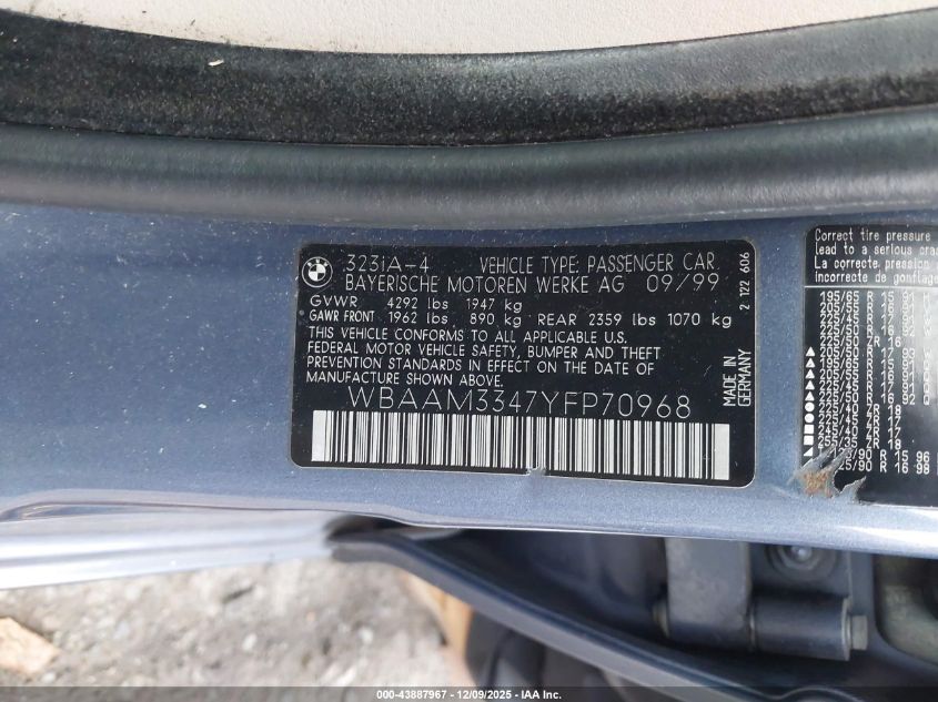 2000 BMW 323I VIN: WBAAM3347YFP70968 Lot: 43887967