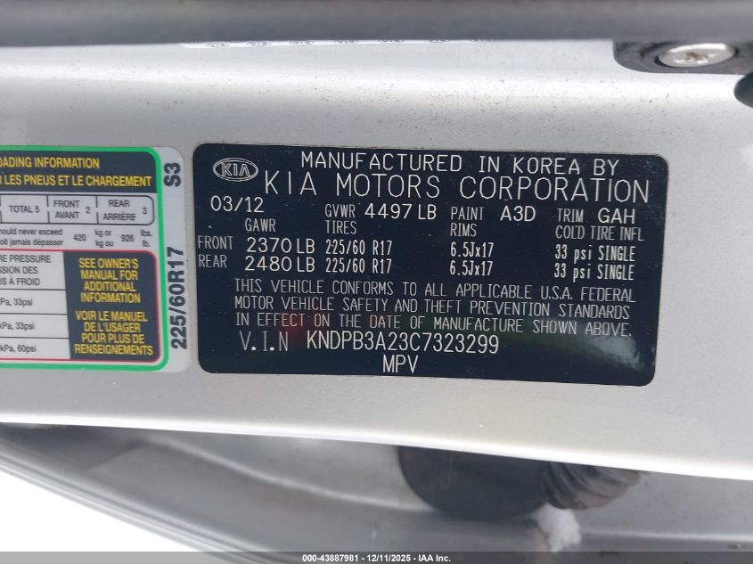 2012 Kia Sportage Lx VIN: KNDPB3A23C7323299 Lot: 43887981