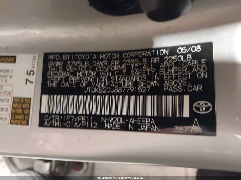 2008 Toyota Prius VIN: JTDKB20U887791527 Lot: 43887982