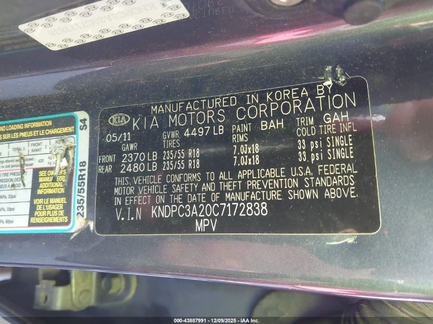 2012 Kia Sportage Ex VIN: KNDPC3A20C7172838 Lot: 43887991