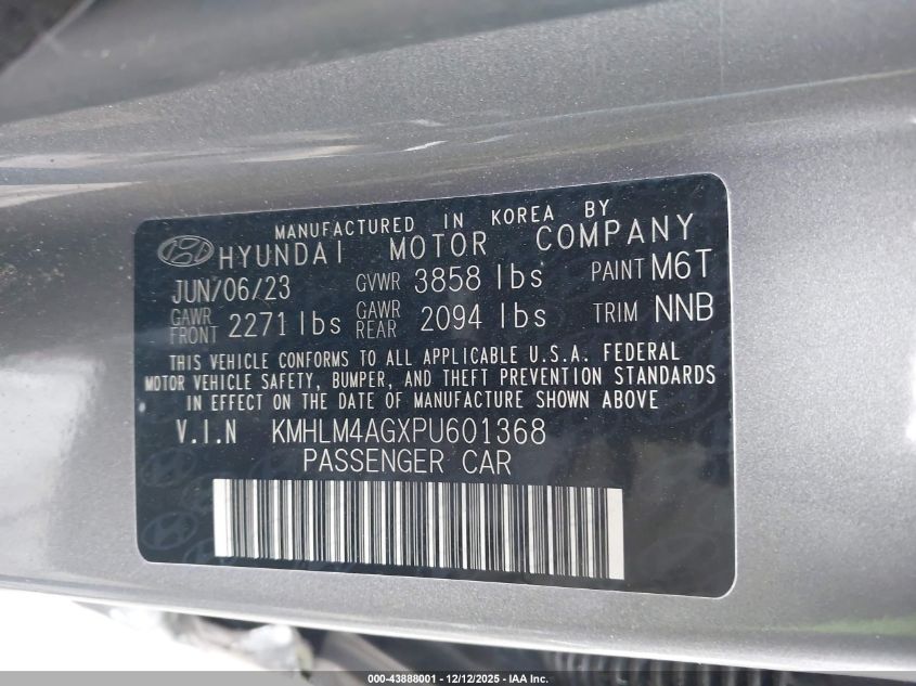 2023 Hyundai Elantra Sel VIN: KMHLM4AGXPU601368 Lot: 43888001