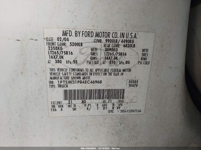 2004 Ford F-350 Lariat/Xl/Xlt VIN: 1FTSW31P84EC46968 Lot: 43888005