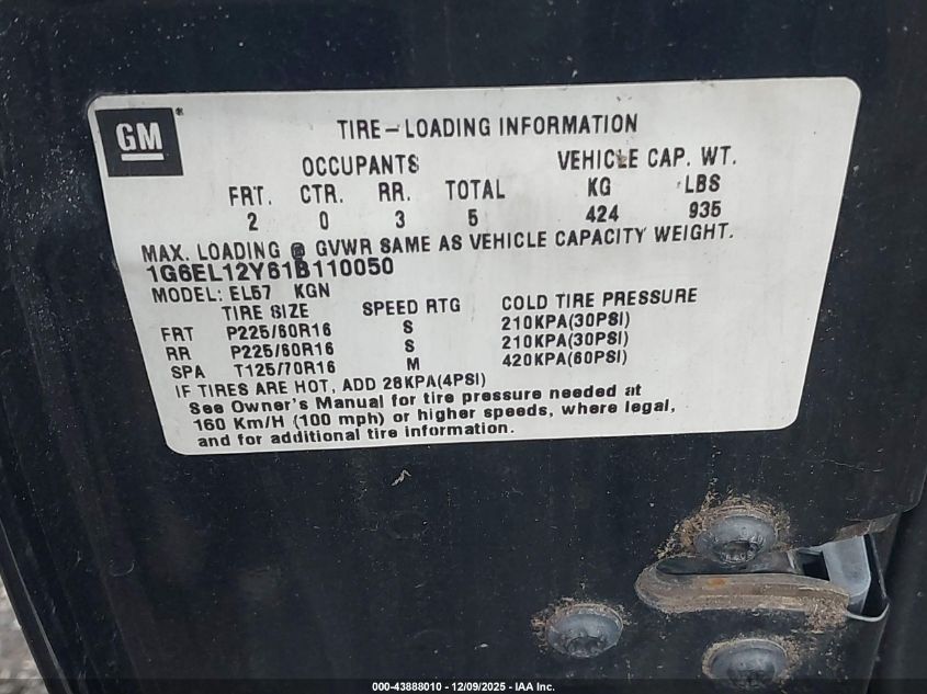 2001 Cadillac Eldorado Esc VIN: 1G6EL12Y61B110050 Lot: 43888010