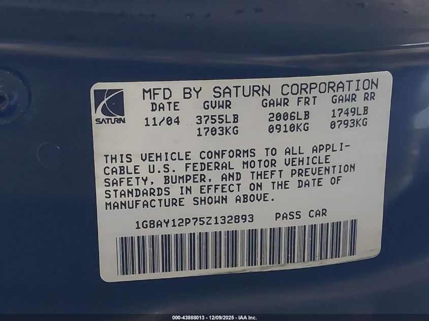 2005 Saturn Ion Red Line VIN: 1G8AY12P75Z132893 Lot: 43888013
