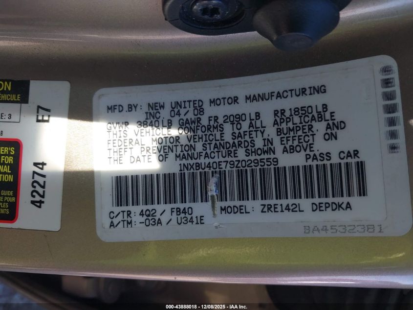 2009 Toyota Corolla Le VIN: 1NXBU40E79Z029559 Lot: 43888018