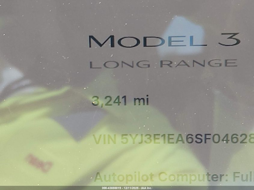 2025 Tesla Model 3 Long Range Rear-Wheel Drive/Standard Rear-Wheel Drive VIN: 5YJ3E1EA6SF046281 Lot: 43888019