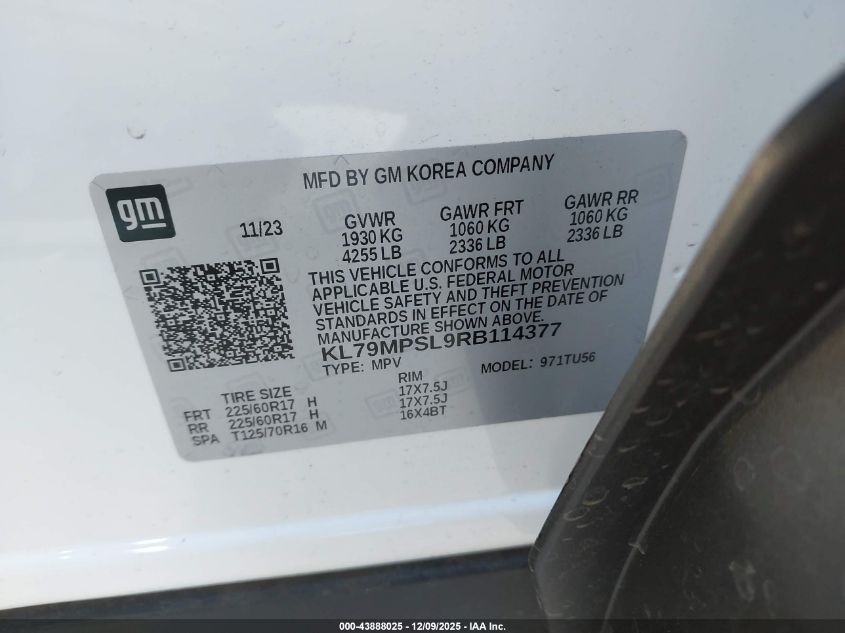 2024 Chevrolet Trailblazer Fwd Lt VIN: KL79MPSL9RB114377 Lot: 43888025