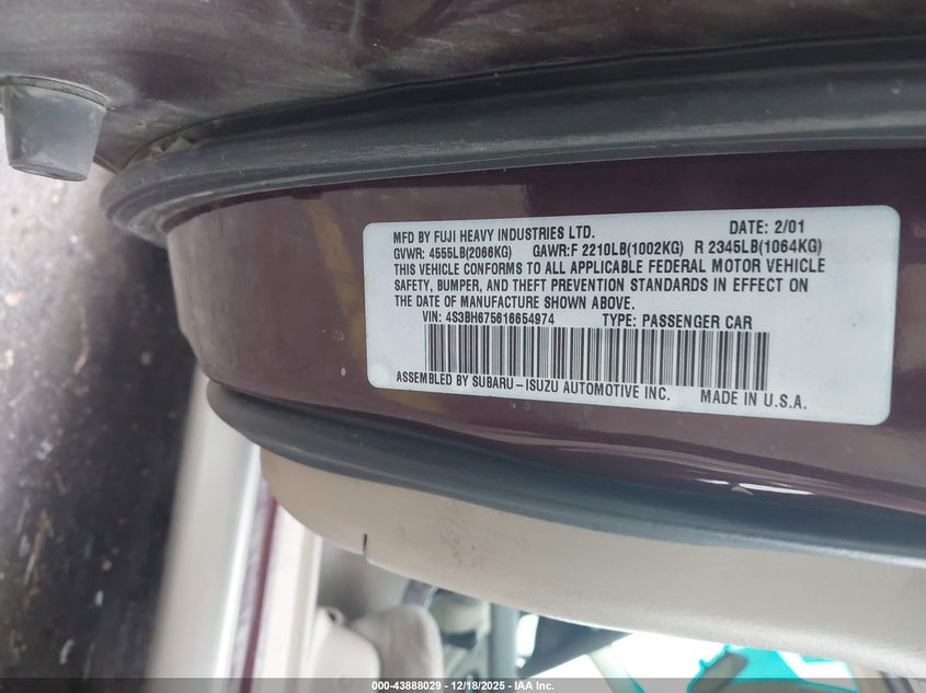 4S3BH675616654974 2001 SUBARU OUTBACK photo no. 9