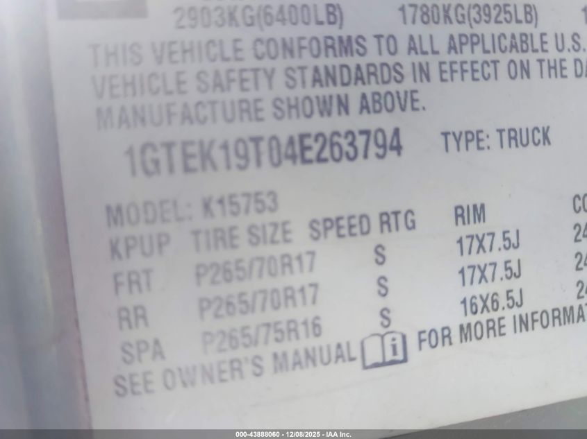 2004 GMC Sierra 1500 Sle VIN: 1GTEK19T04E263794 Lot: 43888060
