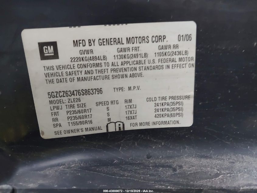 2006 Saturn Vue V6 VIN: 5GZCZ63476S863796 Lot: 43888072