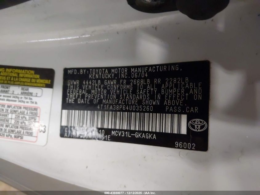 2004 Toyota Camry Solara Sle VIN: 4T1FA38P64U035260 Lot: 43888077