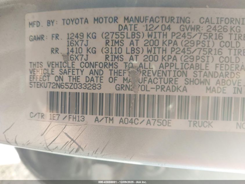 2005 Toyota Tacoma Prerunner V6 VIN: 5TEKU72N65Z033283 Lot: 43888081