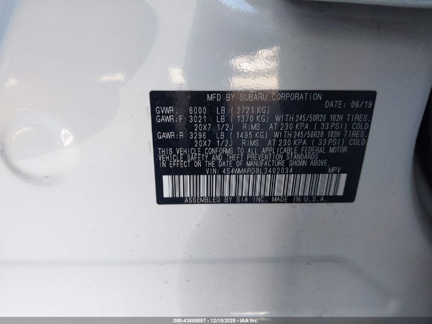 2020 Subaru Ascent Touring VIN: 4S4WMARD8L3402034 Lot: 43888087