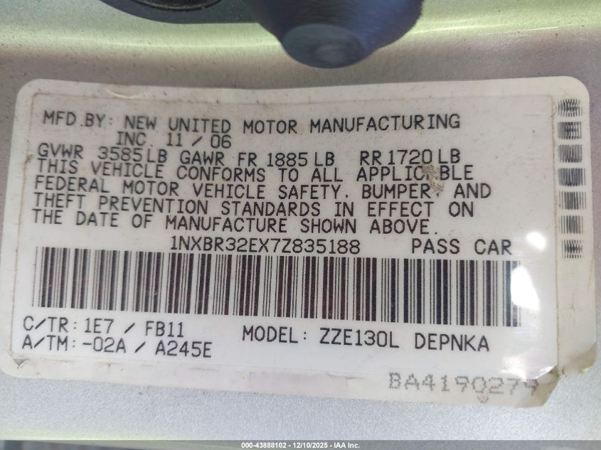 2007 Toyota Corolla Le VIN: 1NXBR32EX7Z835188 Lot: 43888102