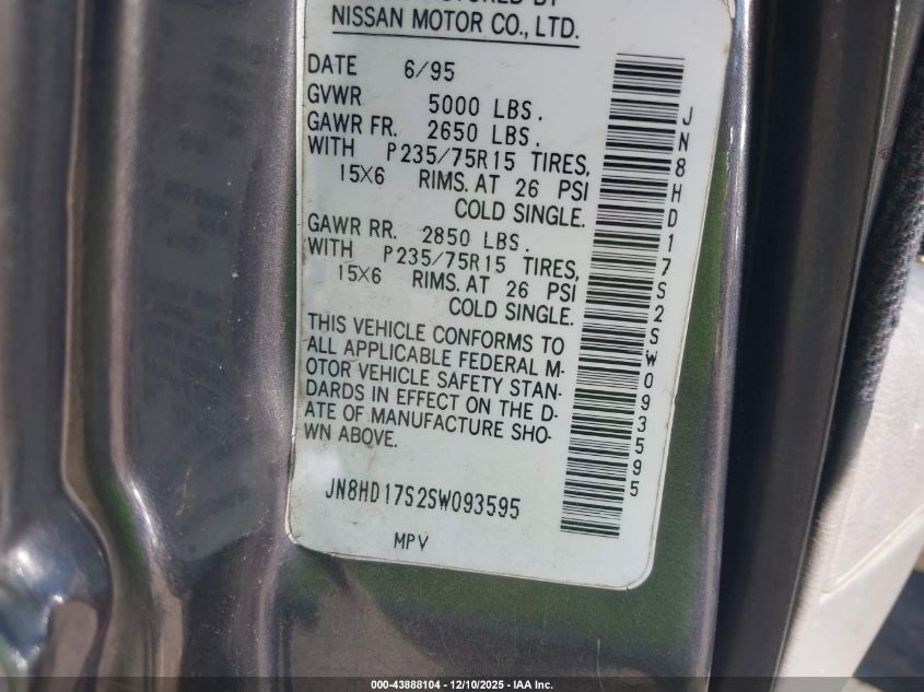 1995 Nissan Pathfinder Xe/Le VIN: JN8HD17S2SW093595 Lot: 43888104