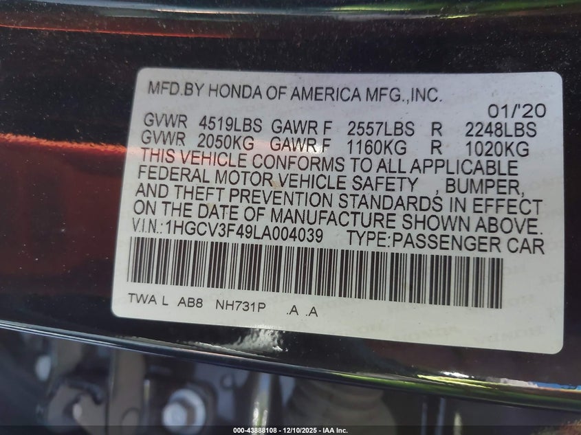 VIN 1HGCV3F49LA004039 2020 HONDA ACCORD HYBRID EX