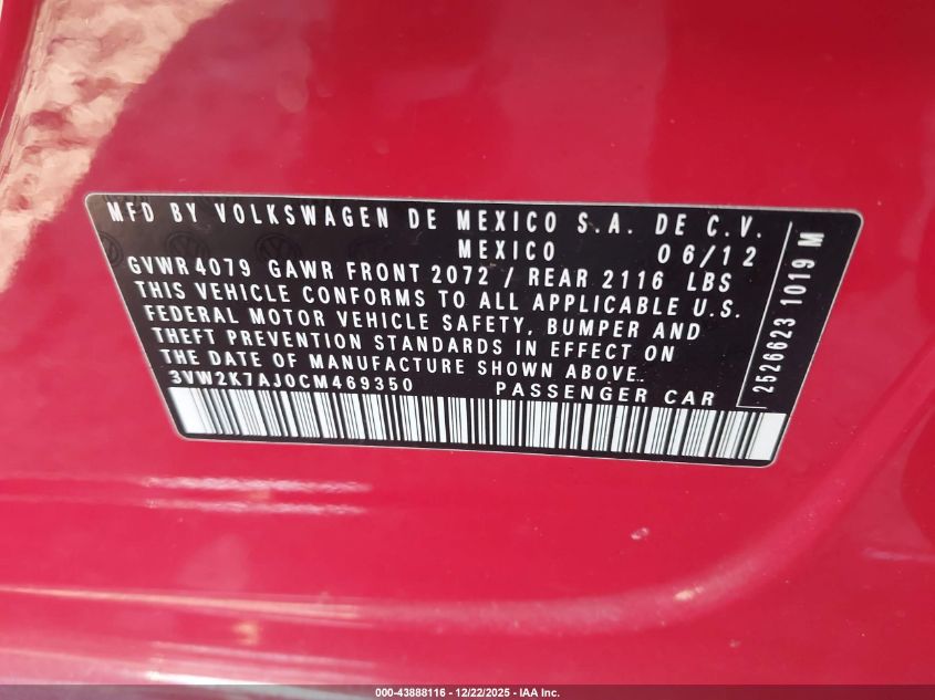 2012 Volkswagen Jetta 2.0L S VIN: 3VW2K7AJ0CM469350 Lot: 43888116