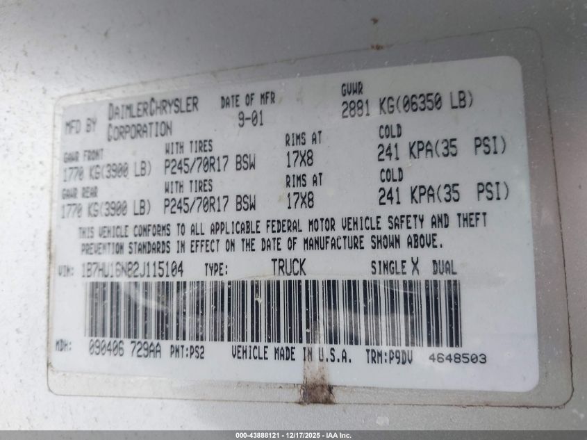 2002 Dodge Ram 1500 St VIN: 1B7HU16N82J115104 Lot: 43888121