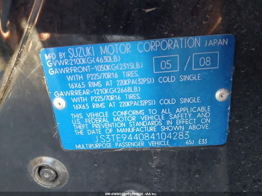 2008 Suzuki Grand Vitara Xsport VIN: JS3TE944084104283 Lot: 43888122