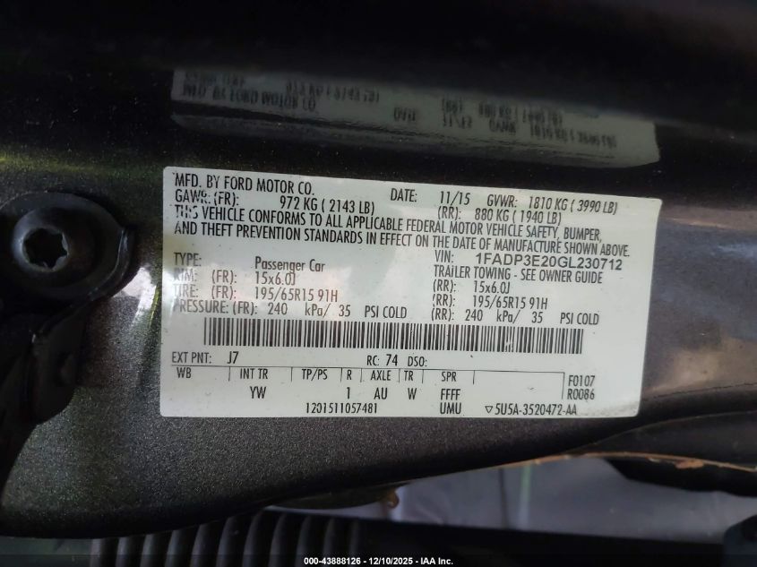 2016 Ford Focus S VIN: 1FADP3E20GL230712 Lot: 43888126