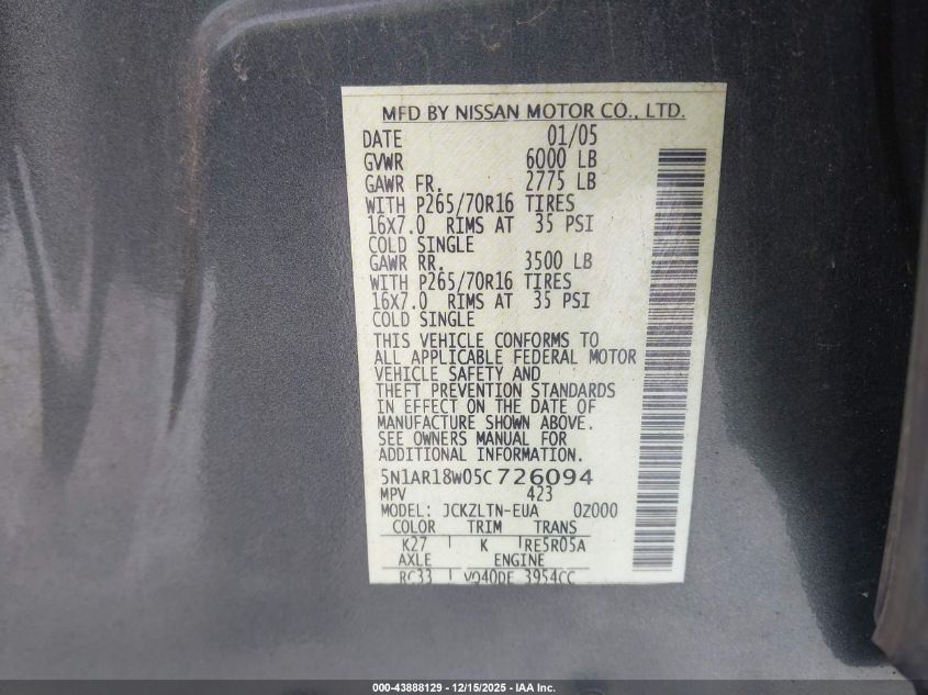 2005 Nissan Pathfinder Se VIN: 5N1AR18W05C726094 Lot: 43888129