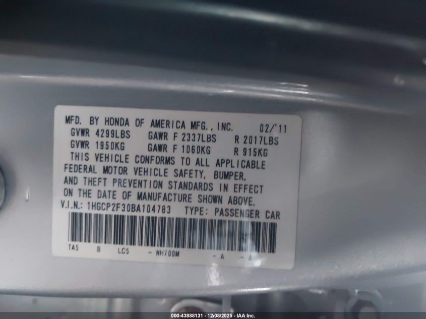 2011 Honda Accord 2.4 Lx VIN: 1HGCP2F30BA104783 Lot: 43888131