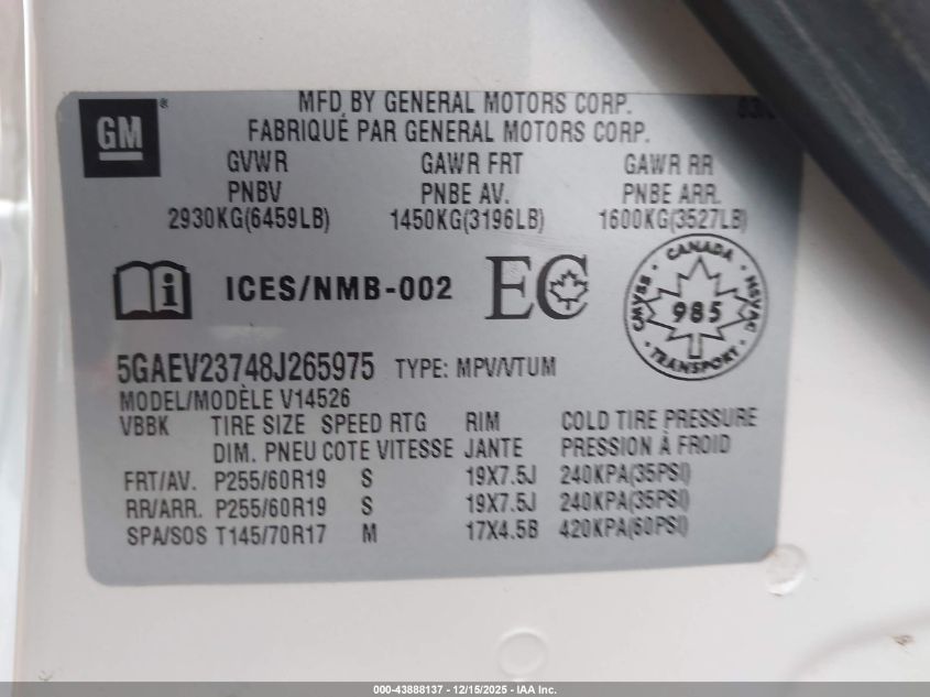 2008 Buick Enclave Cxl VIN: 5GAEV23748J265975 Lot: 43888137