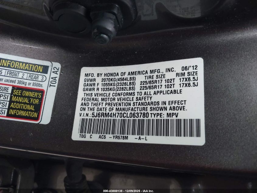 2012 Honda Cr-V Ex-L VIN: 5J6RM4H70CL063780 Lot: 43888138