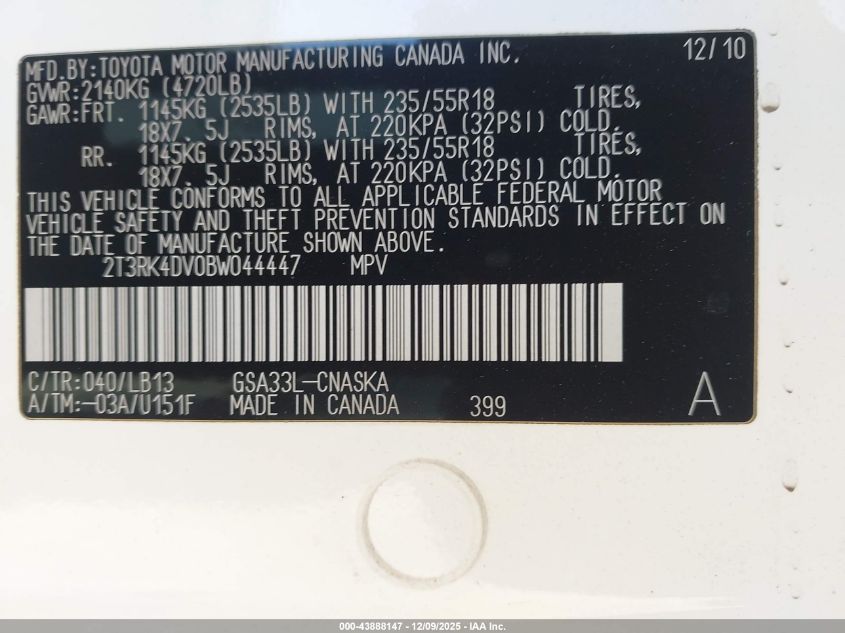 2011 Toyota Rav4 Sport V6 VIN: 2T3RK4DV0BW044447 Lot: 43888147