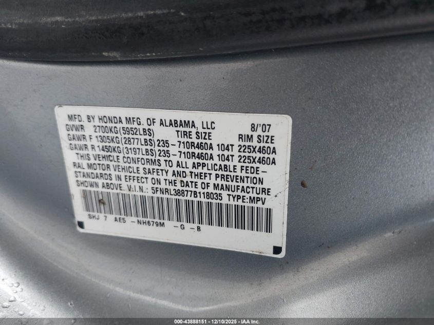 2007 Honda Odyssey Touring VIN: 5FNRL38877B118035 Lot: 43888151