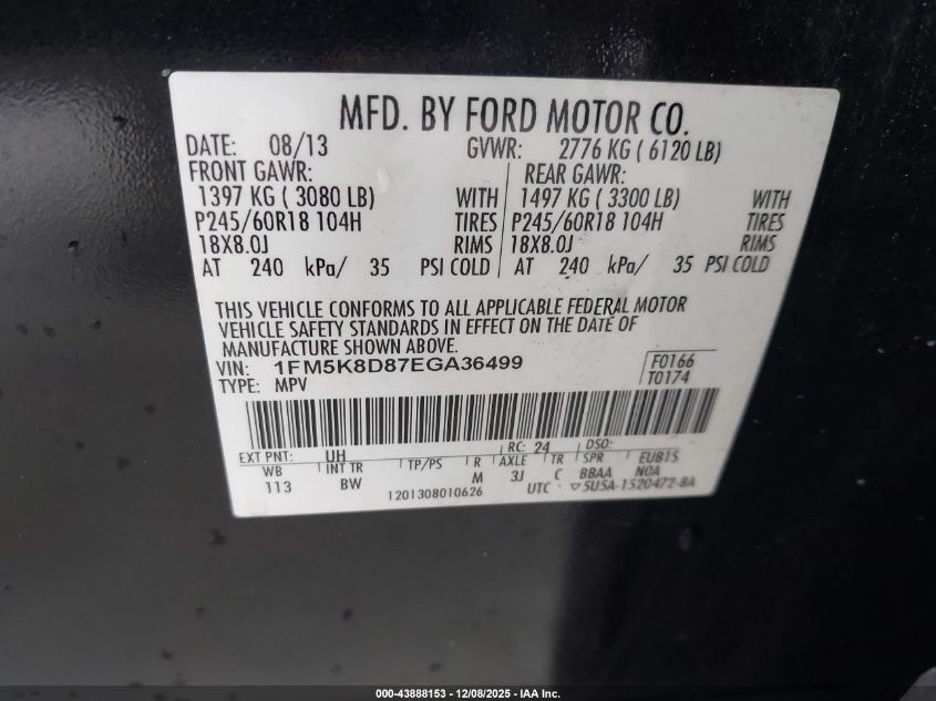 2014 Ford Explorer Xlt VIN: 1FM5K8D87EGA36499 Lot: 43888153