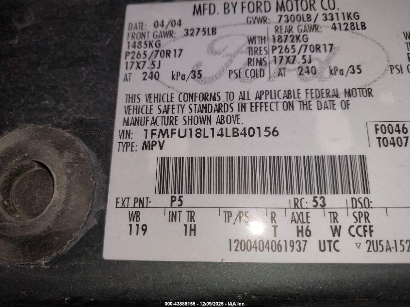 2004 Ford Expedition Eddie Bauer VIN: 1FMFU18L14LB40156 Lot: 43888155