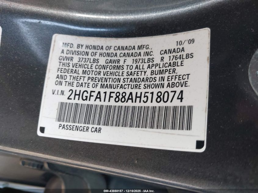 2010 Honda Civic Ex VIN: 2HGFA1F88AH518074 Lot: 43888157