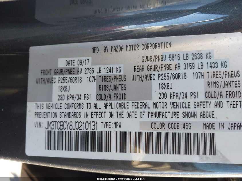 2018 Mazda Cx-9 Touring VIN: JM3TCBCY8J0210131 Lot: 43888161