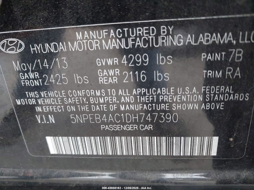 2013 Hyundai Sonata Gls VIN: 5NPEB4AC1DH747390 Lot: 43888163