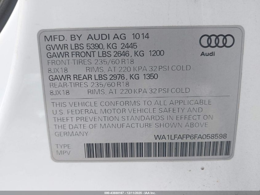 2015 Audi Q5 2.0T Premium VIN: WA1LFAFP6FA058598 Lot: 43888167