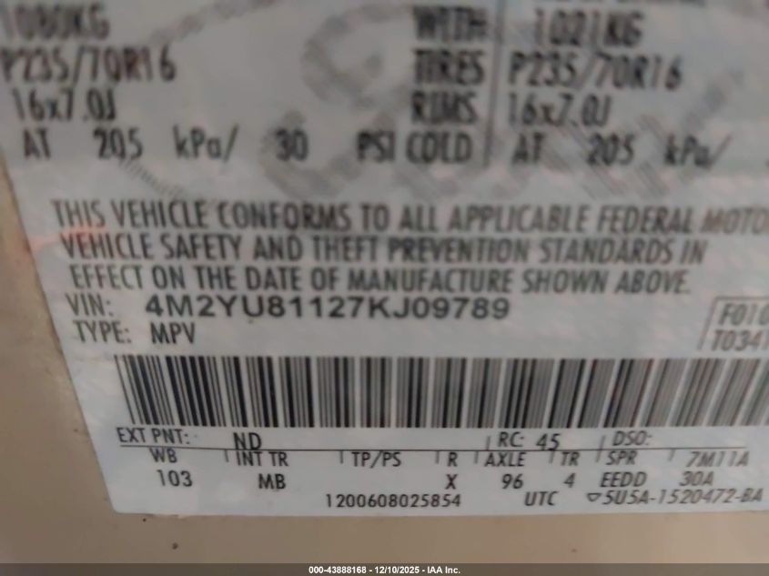 2007 Mercury Mariner Luxury VIN: 4M2YU81127KJ09789 Lot: 43888168