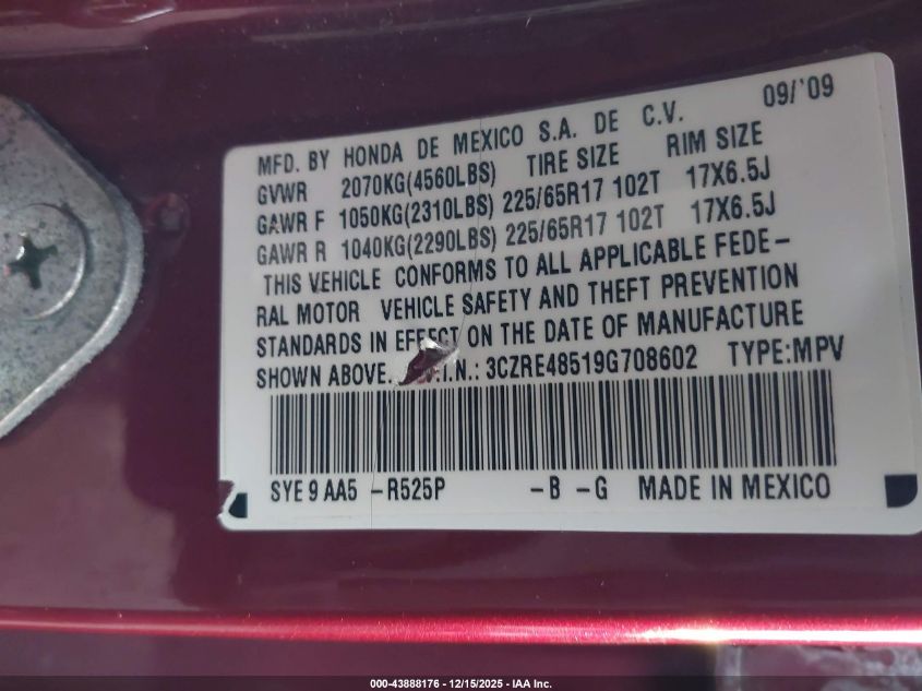 2009 Honda Cr-V Ex VIN: 3CZRE48519G708602 Lot: 43888176
