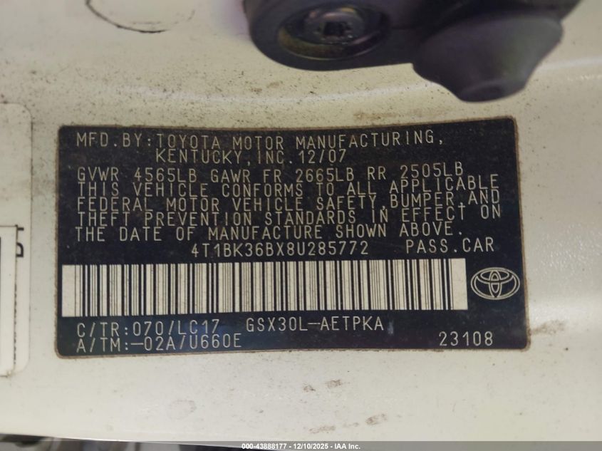 2008 Toyota Avalon Limited VIN: 4T1BK36BX8U285772 Lot: 43888177