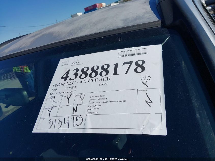 2005 Honda Cr-V Lx VIN: JHLRD68585C020472 Lot: 43888178