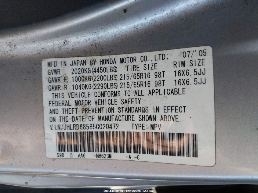 2005 Honda Cr-V Lx VIN: JHLRD68585C020472 Lot: 43888178