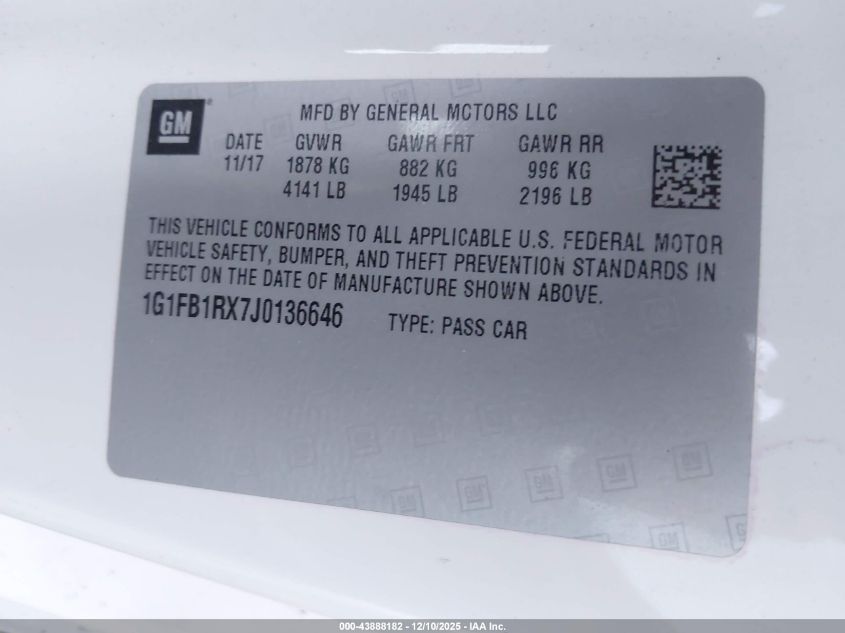 2018 Chevrolet Camaro 1Lt VIN: 1G1FB1RX7J0136646 Lot: 43888182
