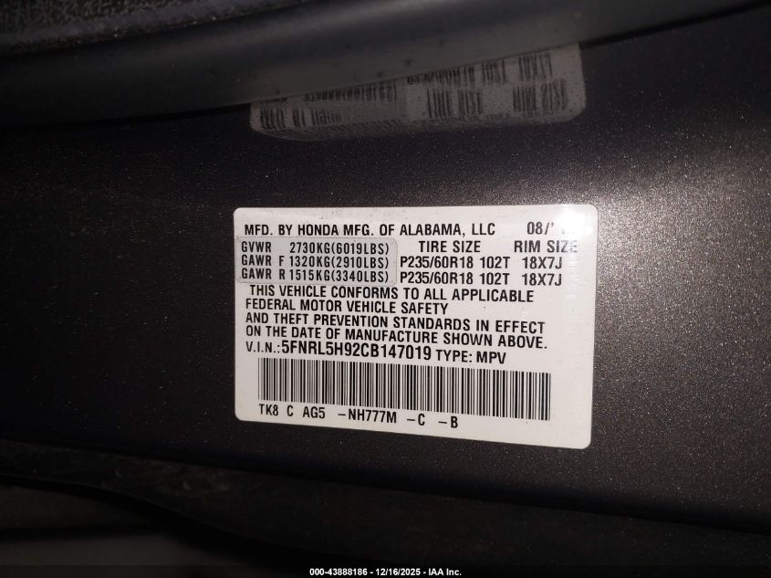 2012 Honda Odyssey Touring/Touring Elite VIN: 5FNRL5H92CB147019 Lot: 43888186