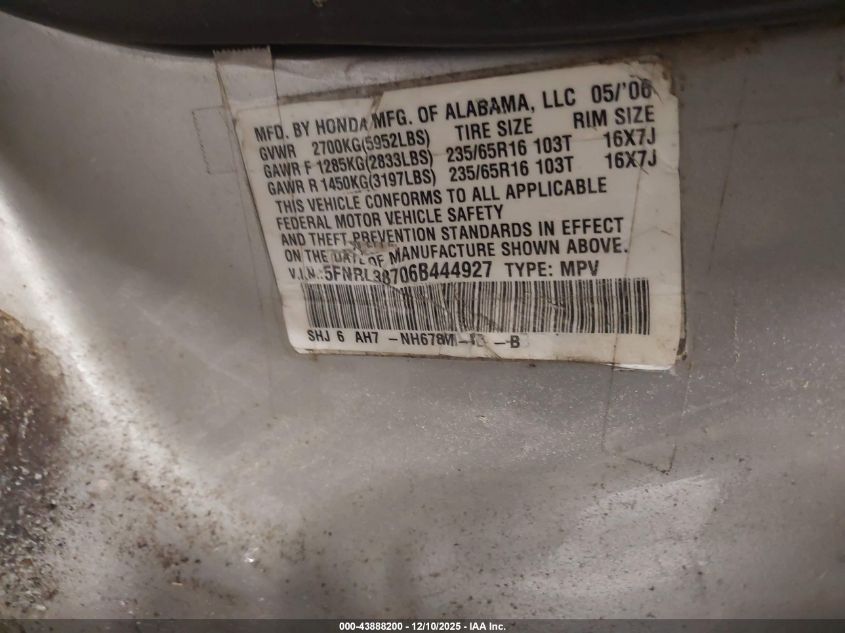 2006 Honda Odyssey Ex-L VIN: 5FNRL38706B444927 Lot: 43888200