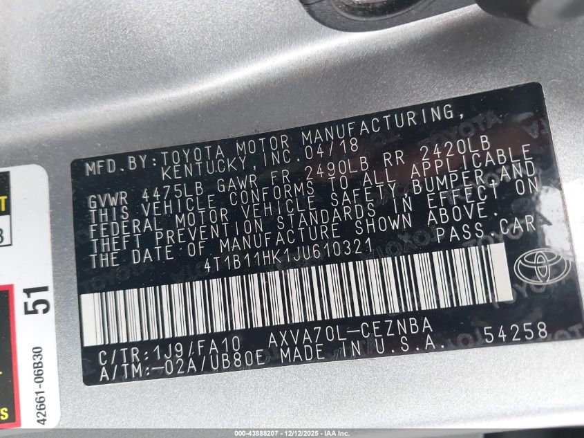 2018 Toyota Camry Le VIN: 4T1B11HK1JU610321 Lot: 43888207