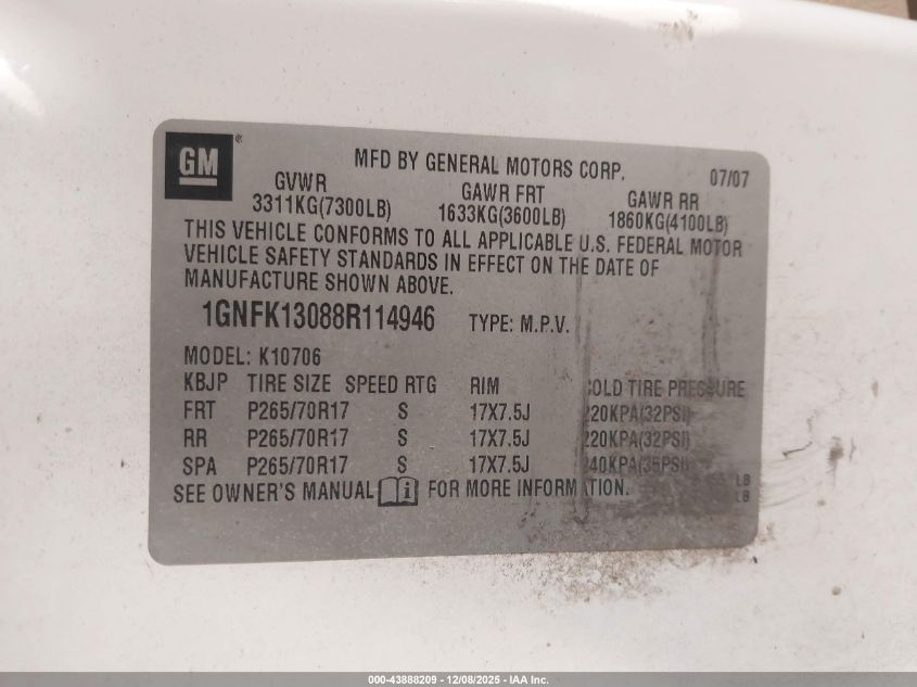 2008 Chevrolet Tahoe Lt VIN: 1GNFK13088R114946 Lot: 43888209
