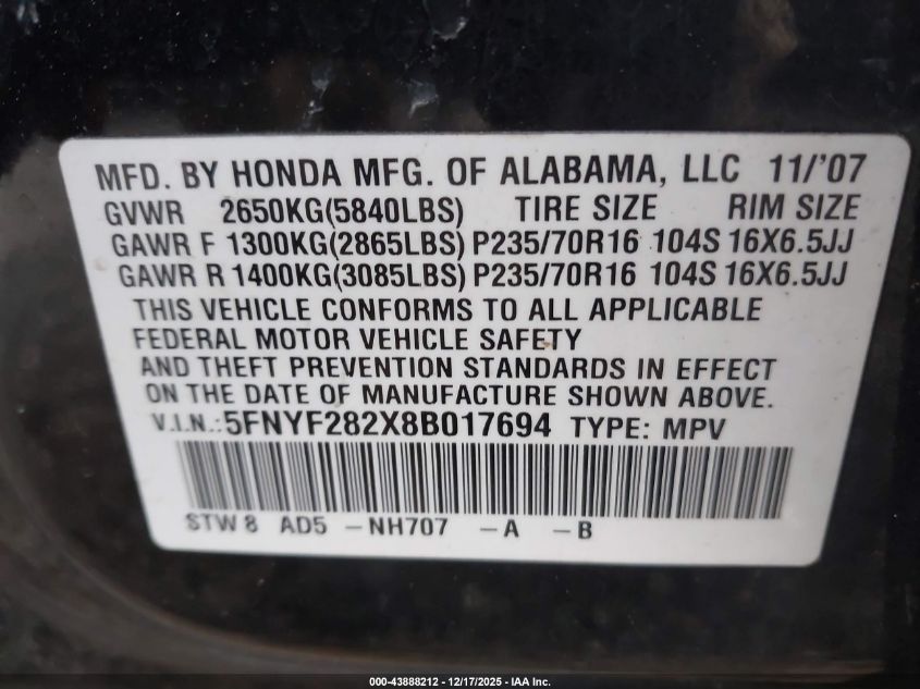 2008 Honda Pilot Vp VIN: 5FNYF282X8B017694 Lot: 43888212