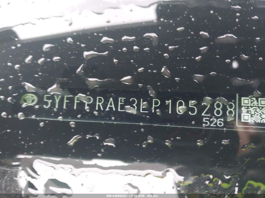 2020 Toyota Corolla Xle VIN: 5YFFPRAE3LP105288 Lot: 43888220