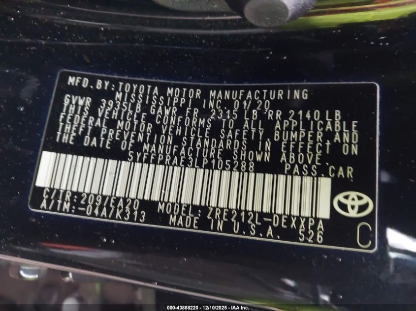 2020 Toyota Corolla Xle VIN: 5YFFPRAE3LP105288 Lot: 43888220