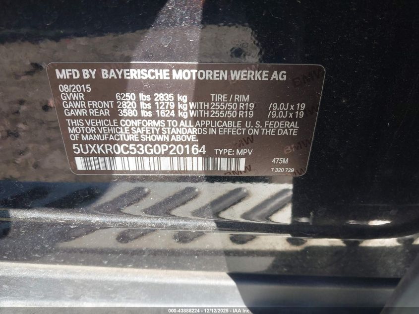 2016 BMW X5 xDrive35I VIN: 5UXKR0C53G0P20164 Lot: 43888224